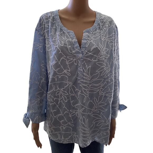 J Jill Embroidered Tie-Sleeve Top 3X lightweight blue - Picture 1 of 8